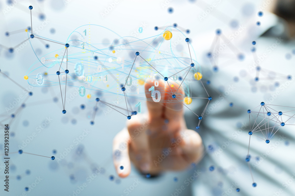 Poster Global network. Blockchain. 3D illustration. Neural networks and artificial intelligence. Abstract  3d