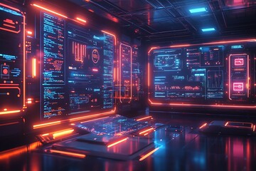 Fototapeta premium Futuristic data center featuring floating digital screens in a high-tech environment.