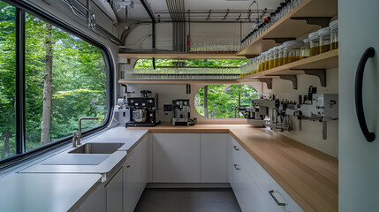 Fototapeta premium A laboratory with equipment and shelves containing glassware, microscopes, and stainless steel tanks 