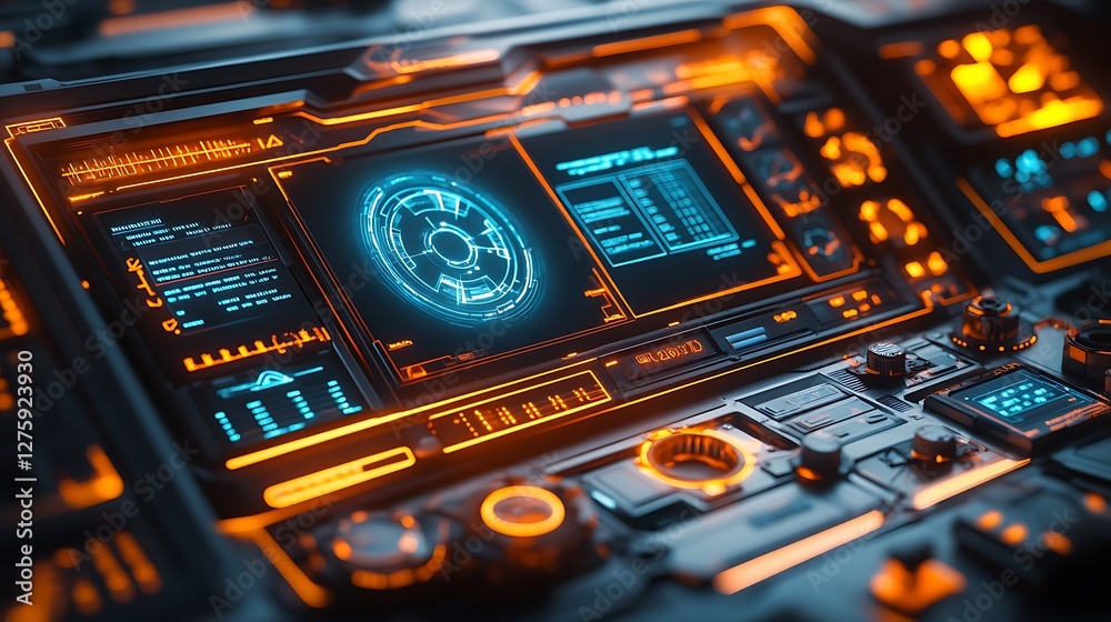 Poster Futuristic control panel featuring AI-driven workflow technology for advanced applications.