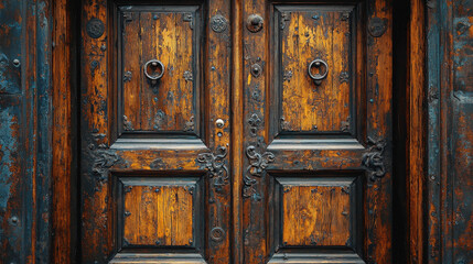 Old wooden door with intricate iron accents showcases rustic vintage architecture