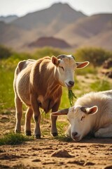 Obraz premium fat cow and a fat goat are eating grass, desert background 