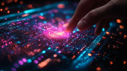 Obraz premium A close-up of a persons hand interacting with a futuristic holographic interface, displaying data and digital screens, in bright neon colors of blue and purple, with a dark, sleek background