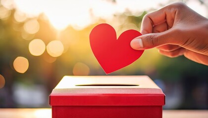 Hand placing red heart in donation box.