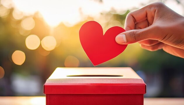 Naklejki Hand placing red heart in donation box.