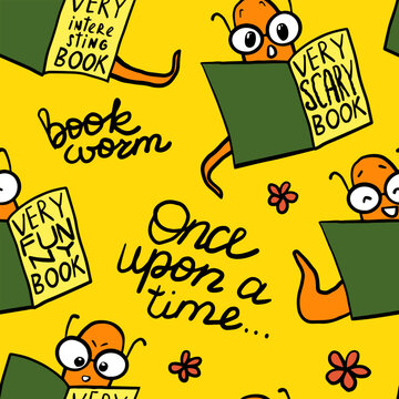 Book worms in eyeglasses reading seamless pattern; Handwritten doodle text, flowers and scary, funny and interesting book genres. Bookworms hand drawn illustration on bright yellow background