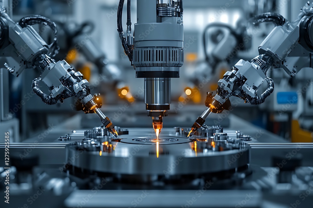 Poster Futuristic automated CNC machining process showcasing advanced technology in manufacturing.