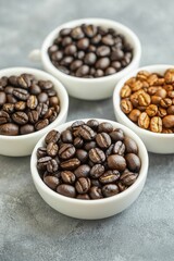 Fototapeta premium Home roasting techniques for coffee enthusiasts highlighting vibrant beans at different stages. Showcase deep hues and textures of freshly roasted coffee.