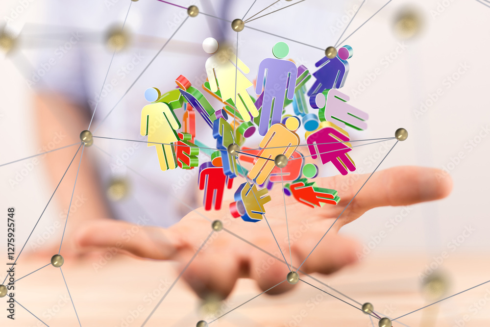 Poster Global network. Blockchain. 3D illustration. Neural networks and artificial intelligence. Abstract
