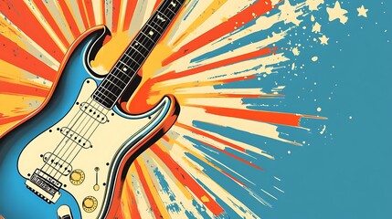Electric guitar, vibrant retro style, musical instrument, background radiating outward. Possible use Stock photo for music related publications or websites