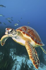 Fototapeta premium Majestic sea turtles gliding gracefully through crystal-clear waters, accompanied by vibrant fish and gently dancing seaweed.