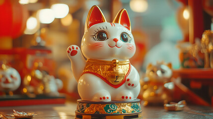 Maneki neko vector. Japanese lucky cat for money fortune. Kitty character symbol with bell on collar. Funny chinese traditional toy souvenir collection. Kawaii oriental mascot design graphic set