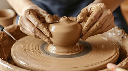 Mastering pottery techniques showcases vibrant glazes and unique shapes. Create imagery of hands molding clay on a spinning wheel, surrounded by tools.