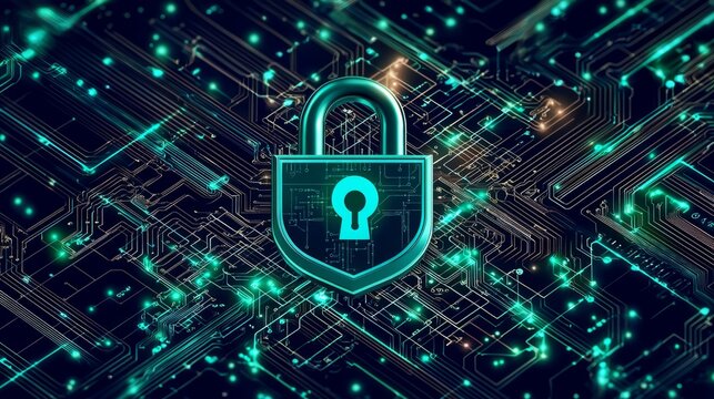 A conceptual design for a cyber insurance company, featuring a lock and shield symbol combined with a digital circuit pattern, using shades