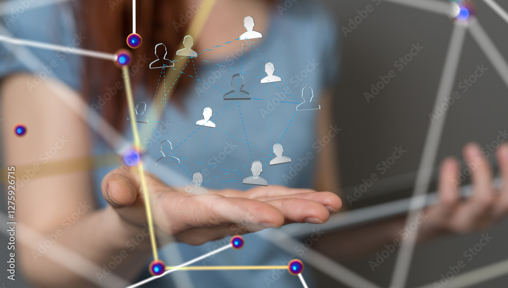 Aufkleber Global network. Blockchain. 3D illustration. Neural networks and artificial intelligence. Abstract