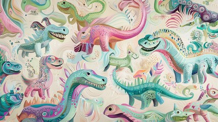 Whimsical Dinosaur World: A Kaleidoscope of Prehistoric Creatures in Pastel Hues