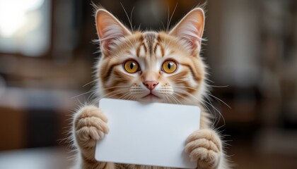 Curious ginger cat holding a blank sign