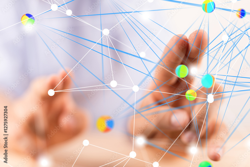 Poster Global network. Blockchain. 3D illustration. Neural networks and artificial intelligence. Abstract