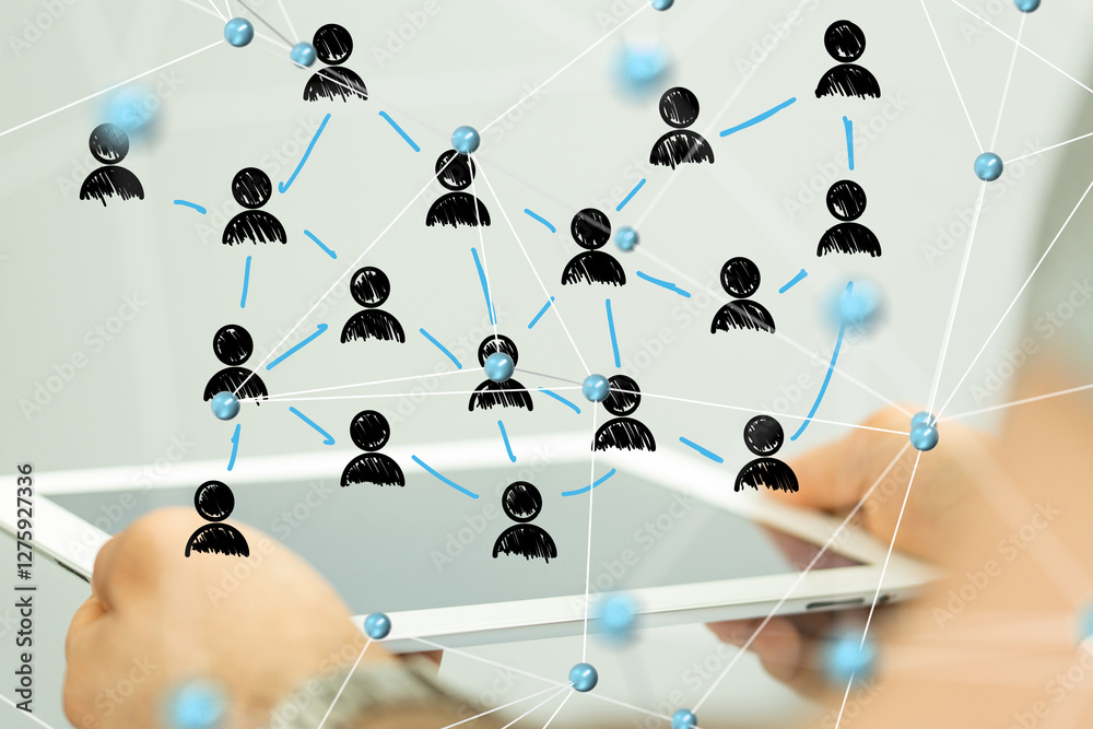 Poster Global network. Blockchain. 3D illustration. Neural networks and artificial intelligence. Abstract