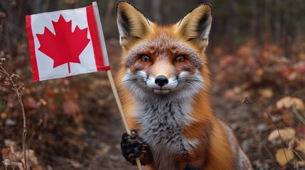 Obraz premium A red fox holds a Canadian flag in a forest setting, great for patriotic or wildlife-themed images