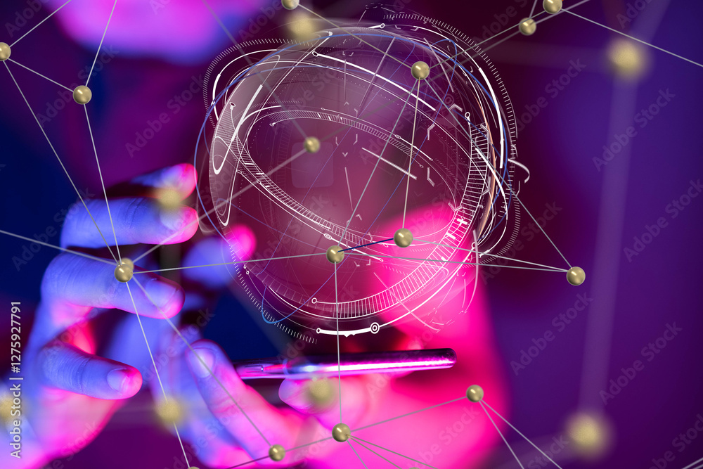 Aufkleber Global network. Blockchain. 3D illustration. Neural networks and artificial intelligence. Abstract