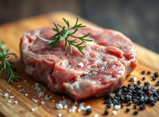 Obraz premium Fresh Ribeye Steak with Rosemary and Spices on Wooden Board, Raw Gourmet Food