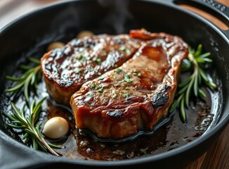 Fototapeta premium Delicious Grilled Beefsteak Ribeye in Cast Iron Pan with Garlic and Rosemary Sprigs