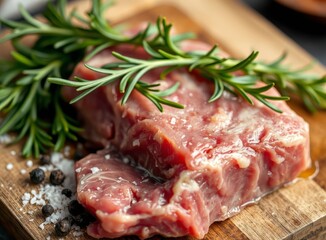 Raw Beef Ribeye Steak with Rosemary and Fresh Peppercorns Ready for Grilling