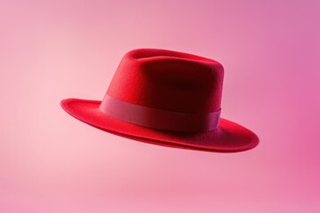 Red felt fedora with a pink ribbon, stylish and elegant. Perfect for fashion, beauty, or vintage themes.