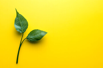 A sprig with two vibrant green leaves on a bright yellow background, showcasing nature's simplicity and beauty., with copy space