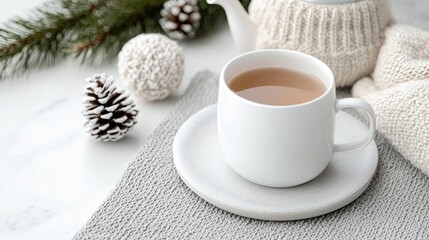 Fototapeta premium Cozy winter teacup, sweater, pine cones. Lifestyle blog, website