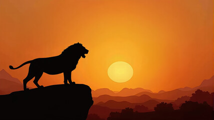 Majestic lion silhouette, standing on a cliff edge, golden sunset sky, dramatic mountain ranges, serene African savanna, vibrant orange hues, wildlife scenery, strong contrast.
