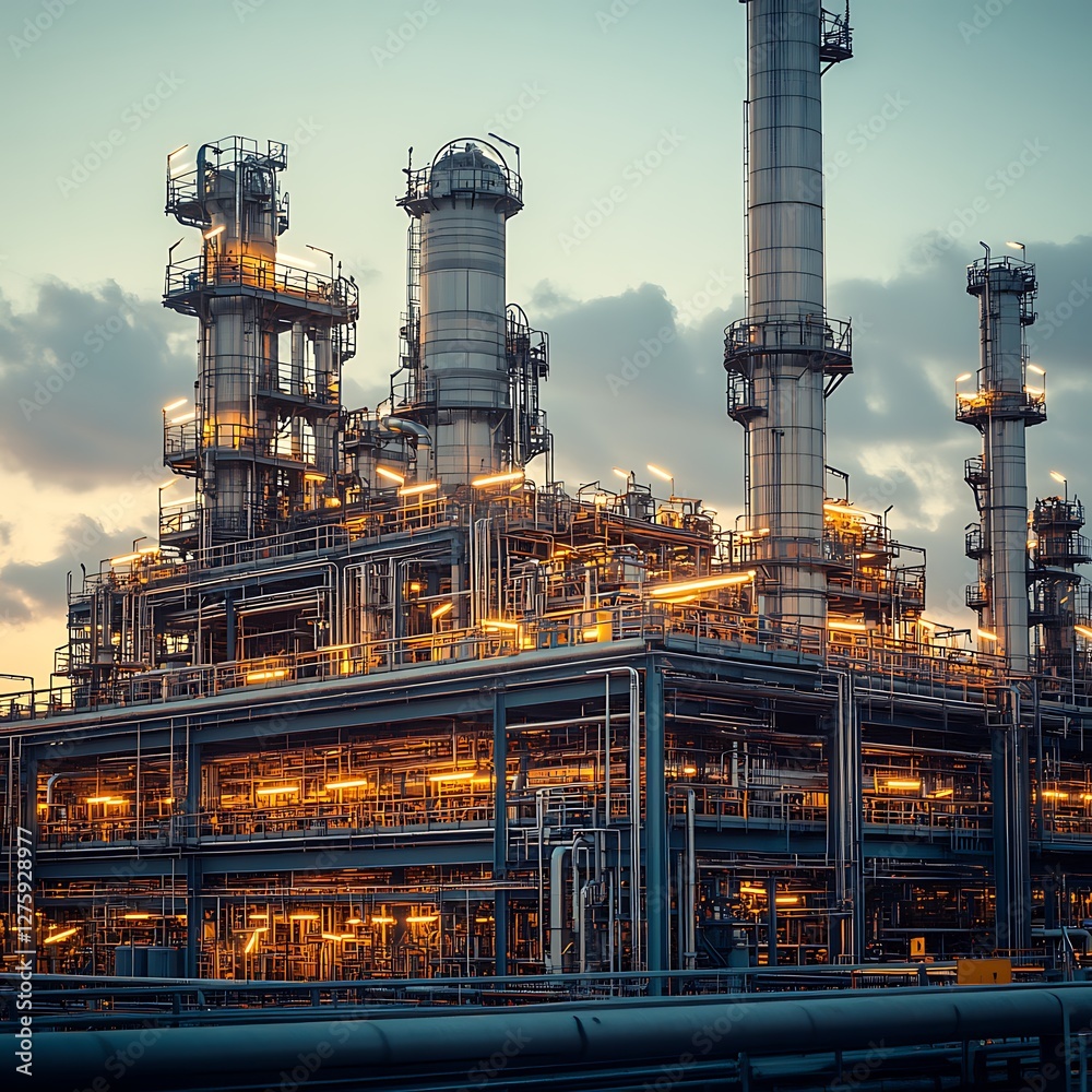 Aufkleber image of an expansive crude oil refinery complex featuring a metal framework structure.