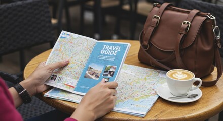 Person reading a travel guidebook at an outdoor caf� with coffee