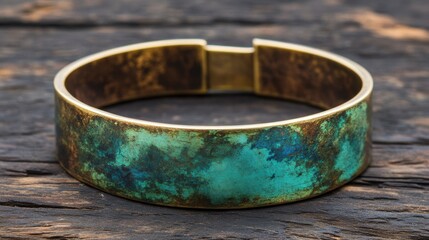 Fototapeta premium A beautifully designed handmade brass cuff bracelet with an oxidized patina placed on wood
