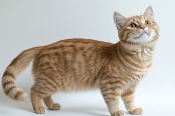 A domestic cat standing on a white surface gazing upwards