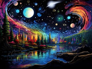 Obraz premium Colorful whimsical space scene with fantasy city by a lake, surreal background for dreaming