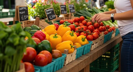 Person picking fresh peppers and tomatoes at an outdoor farmers market