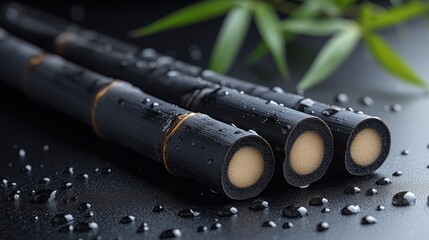 Black Bamboo stalks with water droplets on dark surface and bamboo leaves