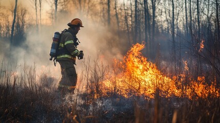 Fototapeta premium Firefighter bravely battling a wildfire in a forest, smoke and flames engulfing dry brush.