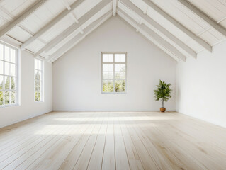 Obraz premium Spacious minimalist interior with wooden floors and large windows