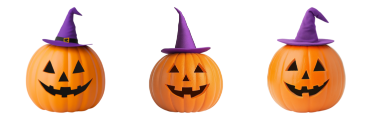 Halloween Pumpkins with Witch Hats Displayed Isolated on transparent background