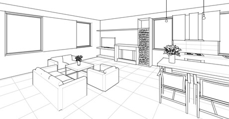 interior kitchen living room 3d illustration