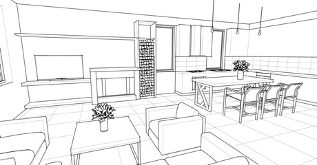 interior kitchen living room 3d illustration