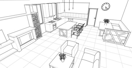 interior kitchen living room 3d illustration