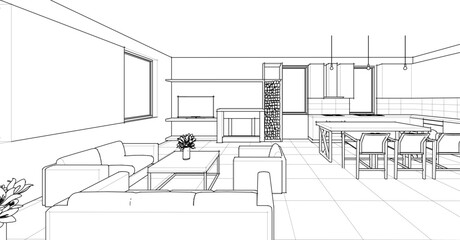 interior kitchen living room 3d illustration