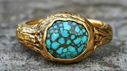 A bohemian-style engagement ring with a turquoise stone set in a handcrafted gold band