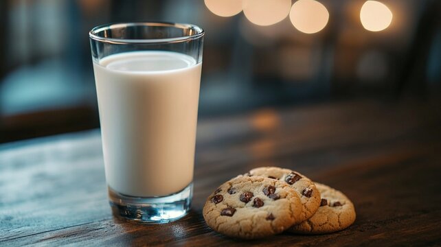 Glass of fresh milk with cookies on wooden table. Cozy morning scene with warm lighting. - Powered by Adobe