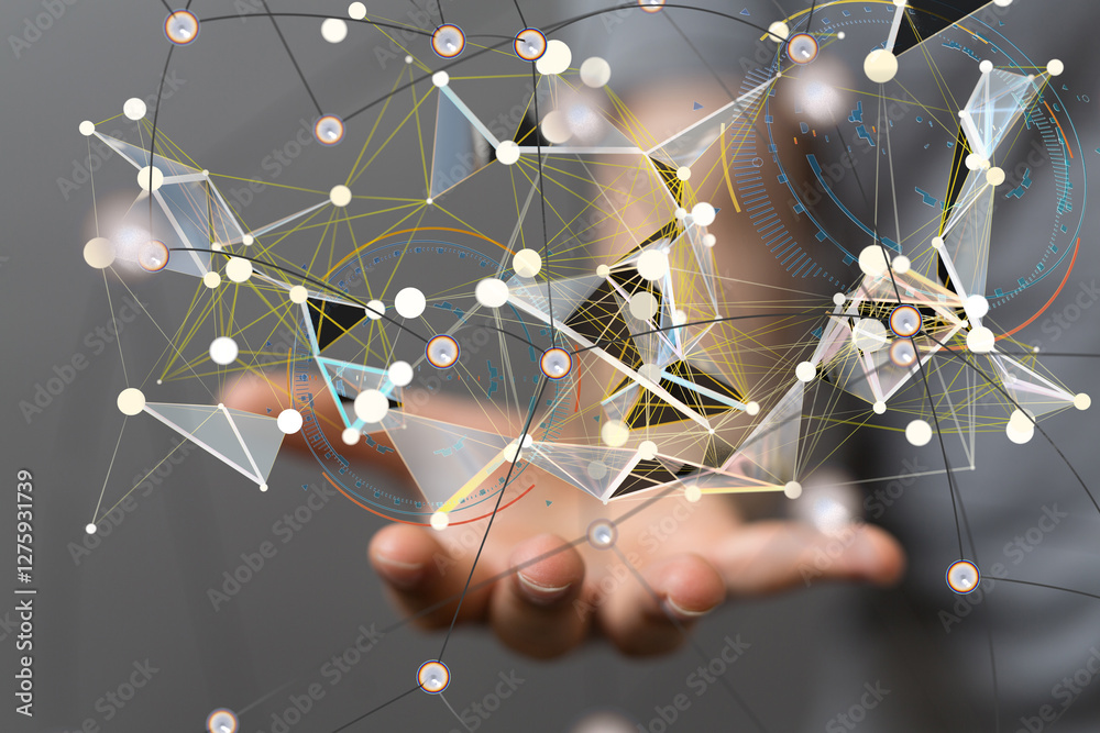 Poster Neural network 3D illustration. Big data and cybersecurity