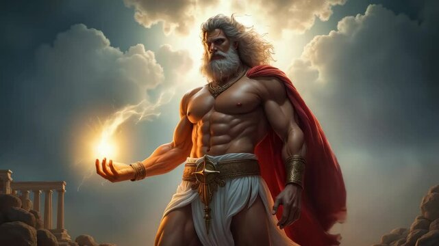 Zeus, the almighty ancient Greek king god of Olympus and god of thunder, surrounded by storm clouds and lightnings